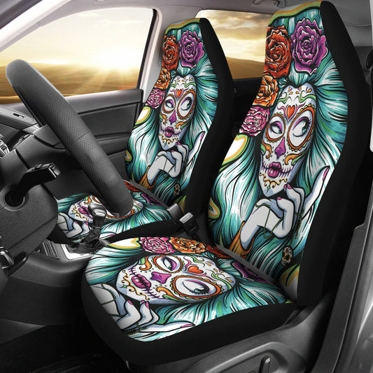 Set 2 day of the dead car seat cover sugar skulls