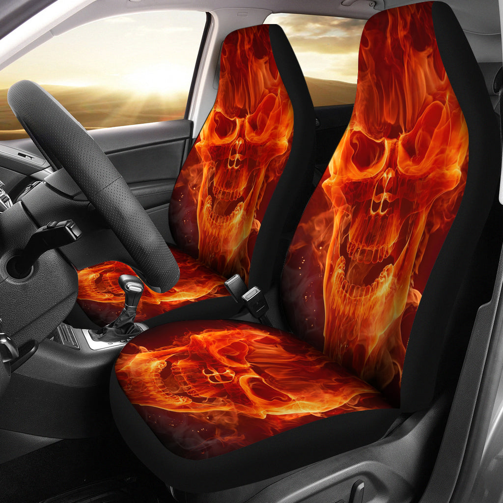 Set of 2 flaming skulls car seat covers