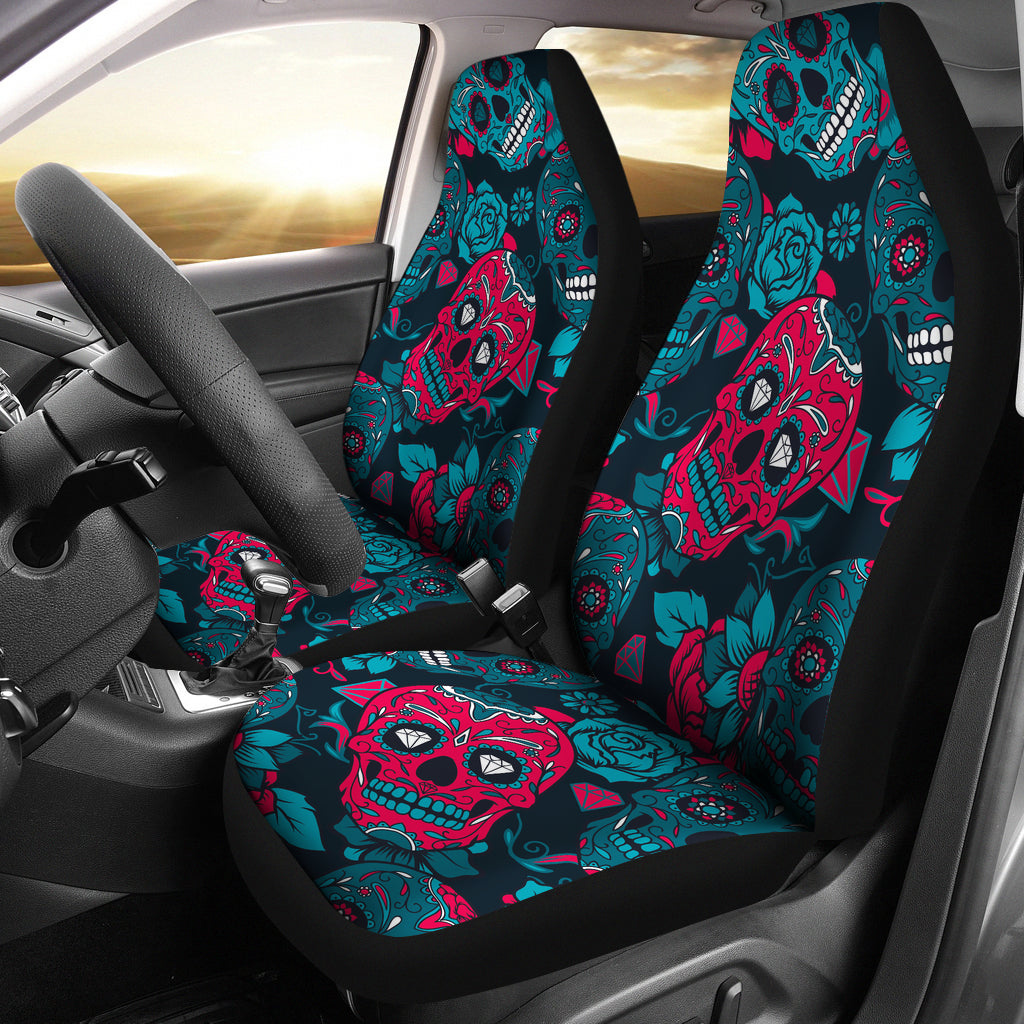 Set of 2 day of the dead sugar skull car seat covers