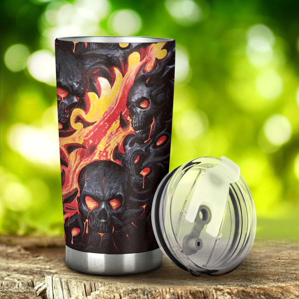 Biker skull travel mug, horror tumbler, flower skull tumblr, skeleton travel mug, evil freezer Mug,