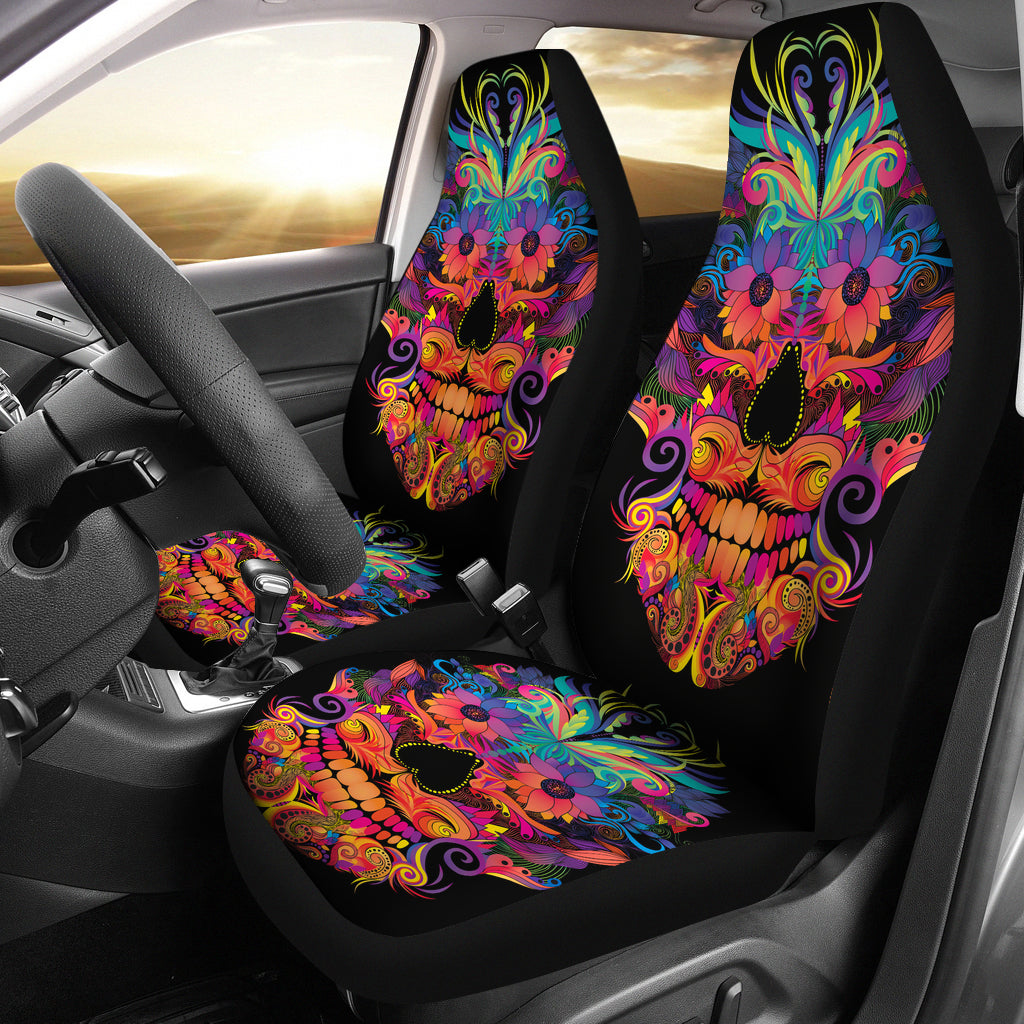 Set of 2 colorful sugar skull car seat covers