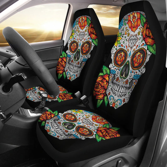 Set of 2 floral sugar skull car seat covers