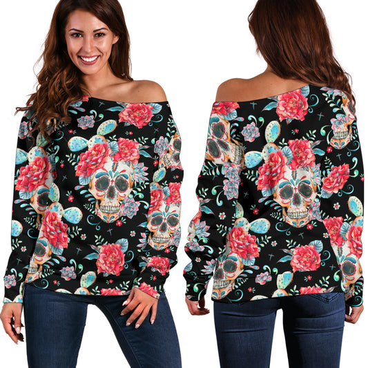 Black Flower Skull Off Shoulder Hoodie