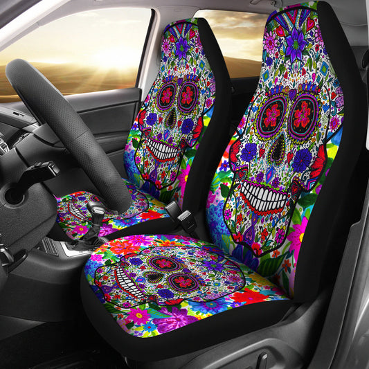 Set of 2 pcs colorful sugar skull car seat cover.
