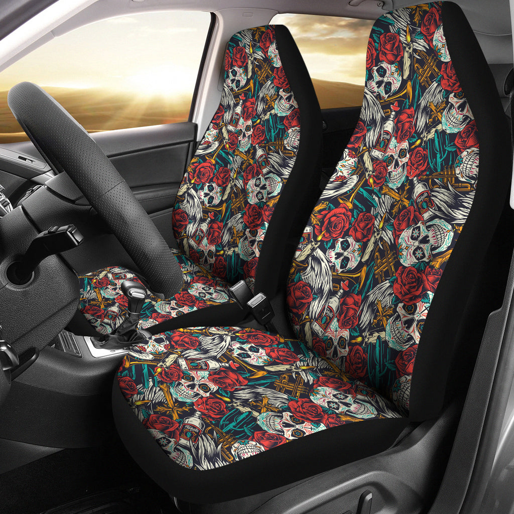 Set of 2 pcs sugar skull car seat covers