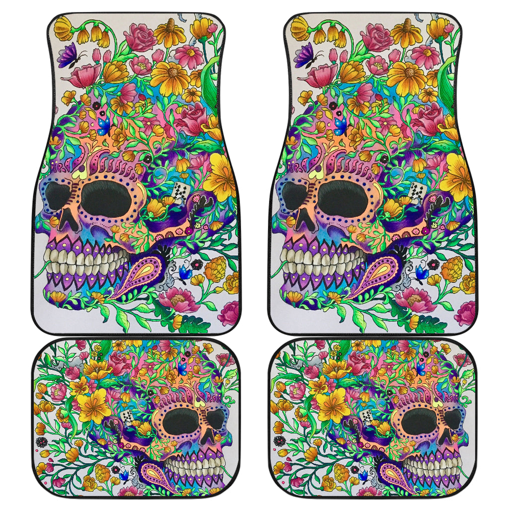 Set of 4 pcs floral sugar skull car mat