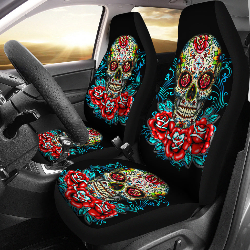 Set of 2 - Flower sugar skull seat covers