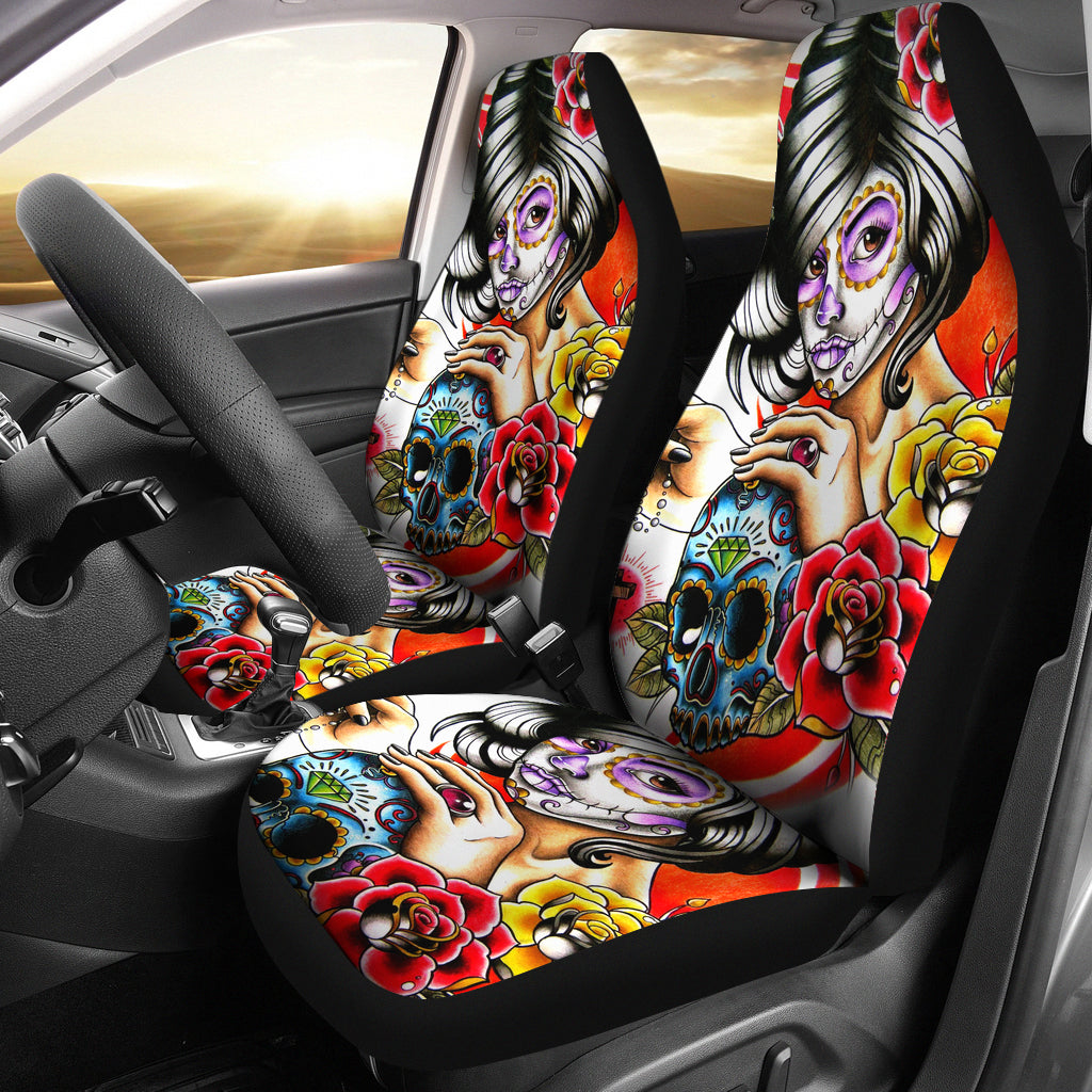 Set of 2 pcs day of the dead sugar skull girl car seat covers