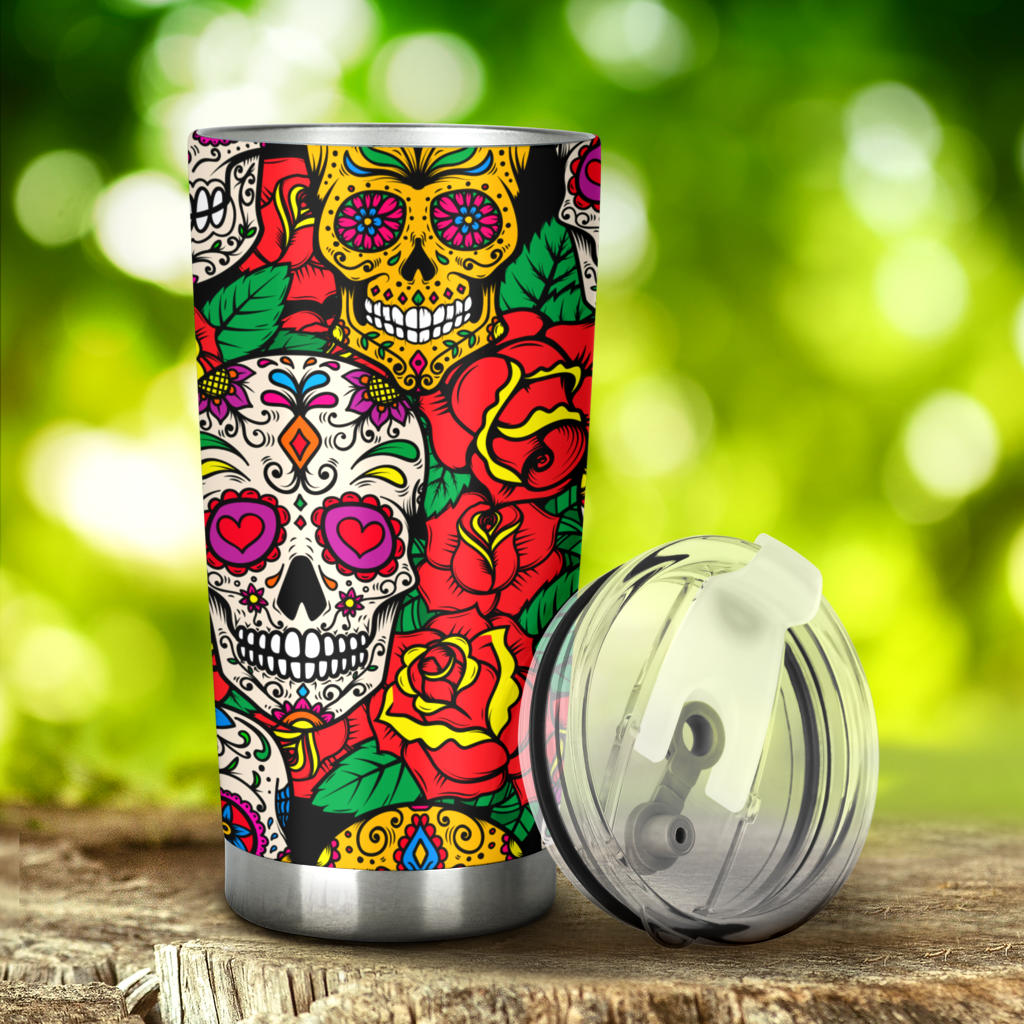 Sugar skull floral tumbler mug cup