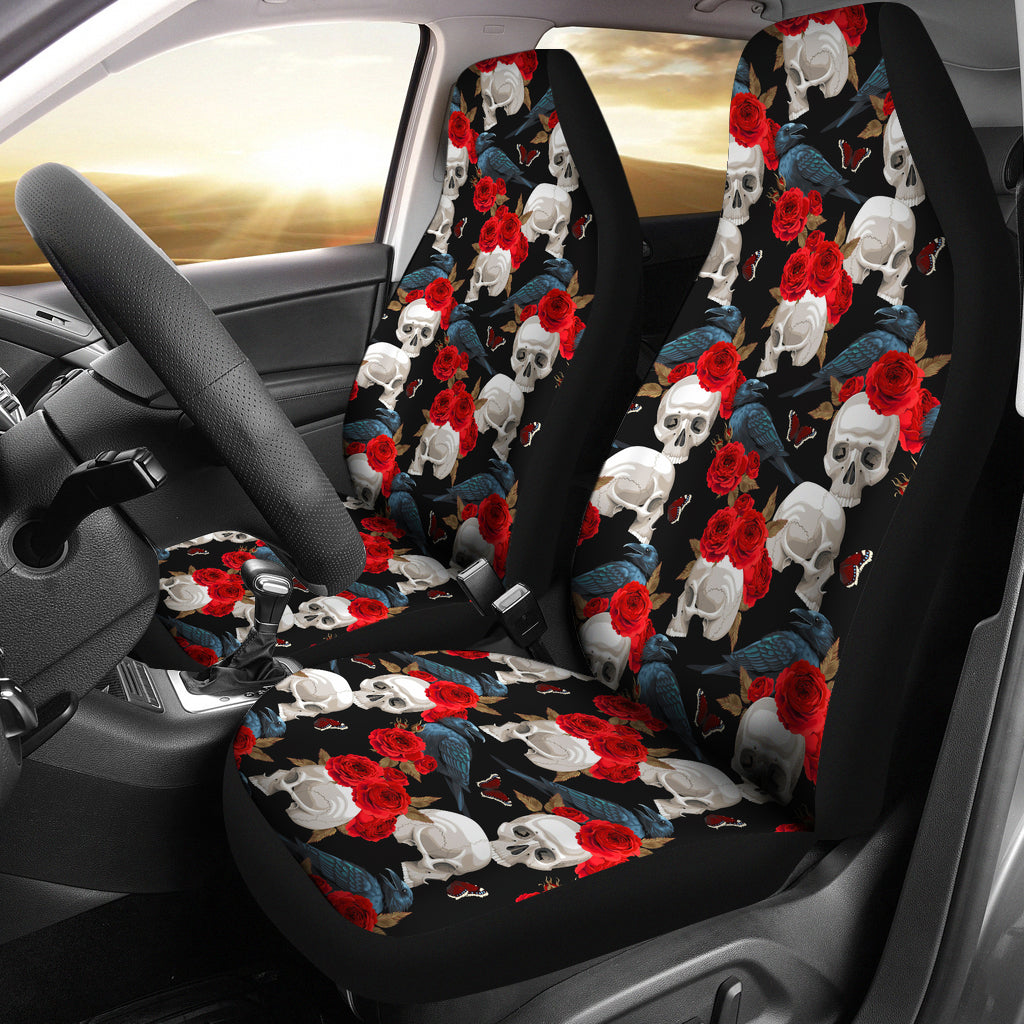 Set 2 pcs Floral sugar skull day of the dead skull car seat covers