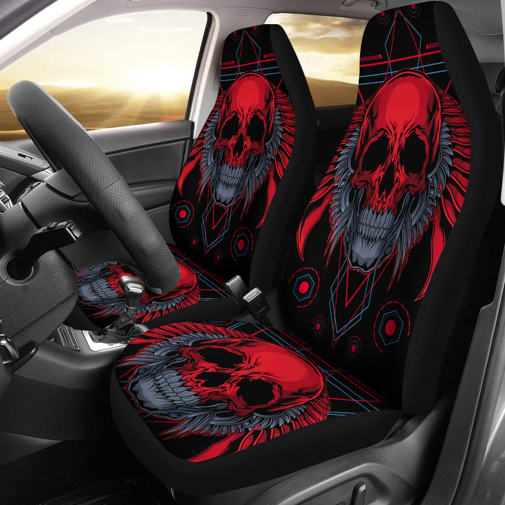 Set of 2 flaming fire red skull car seat covers