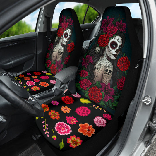 Set 2 pcs Sugar skull girls Day of the dead car seat covers