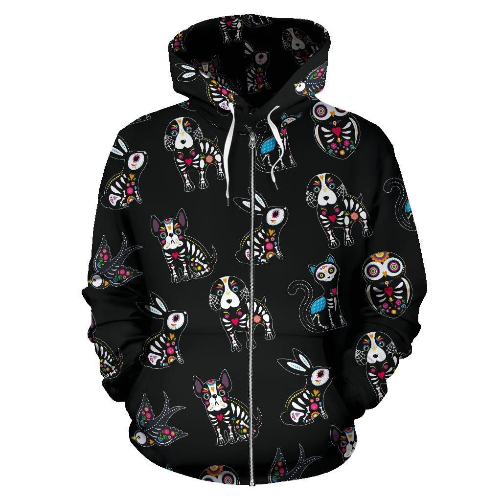 Day of the dead sugar skull animal zip hoodie