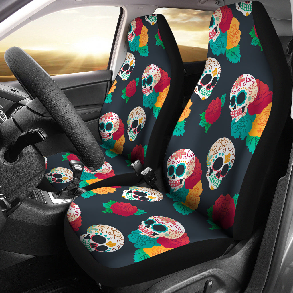 Set 2 pcs Floral sugar skull day of the dead skull car seat covers