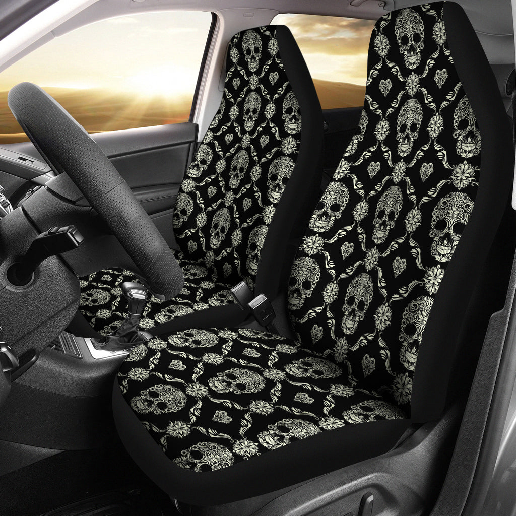 Set 2 pcs Floral sugar skull day of the dead skull car seat covers