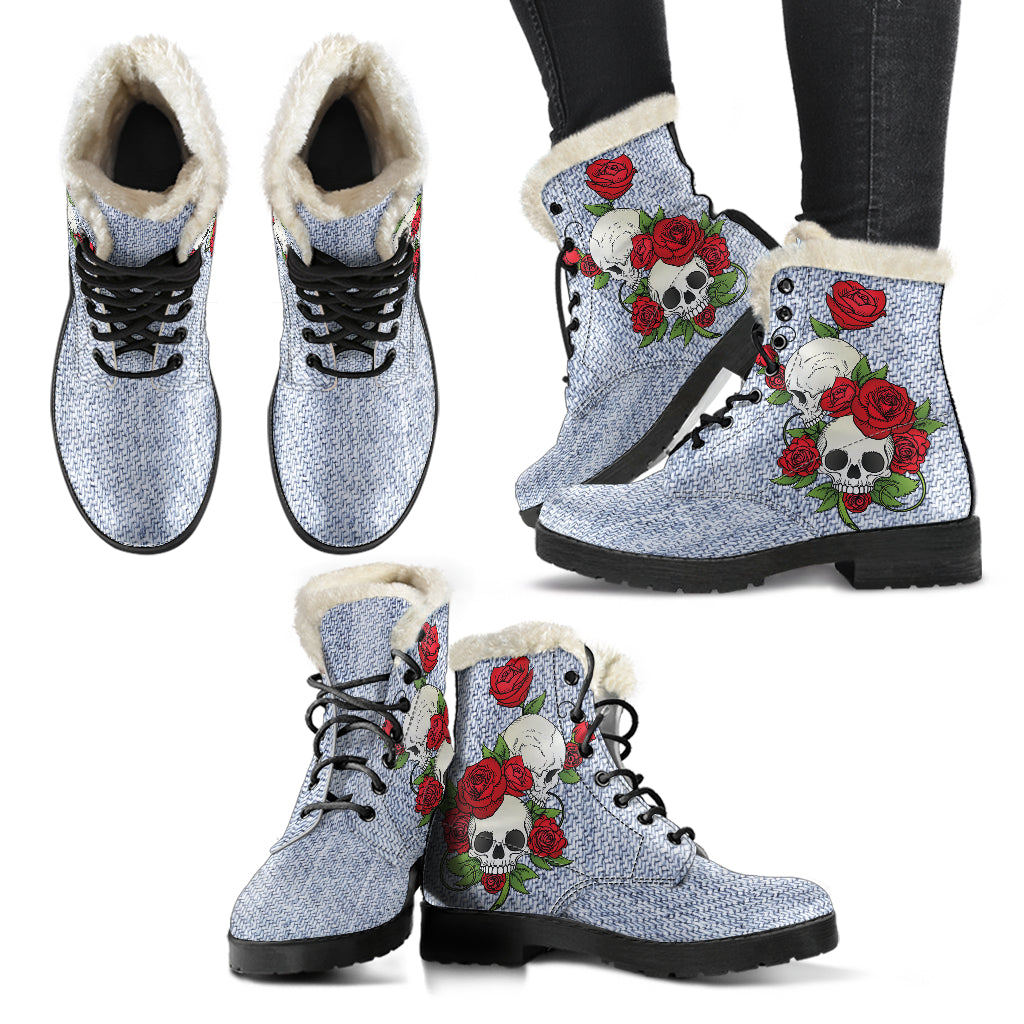 Skull Couple Roses (Light Denim) - Faux Fur Leather Boots