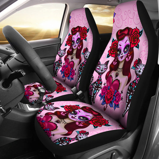 Set of 2 pcs sugar skull girl day of the dead car seat covers