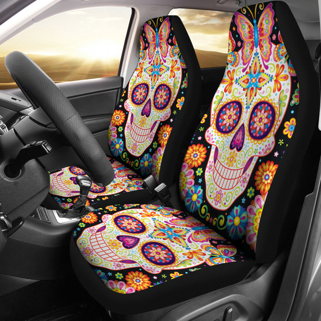 Set 2 pcs sugar skull day of the dead car seat cover