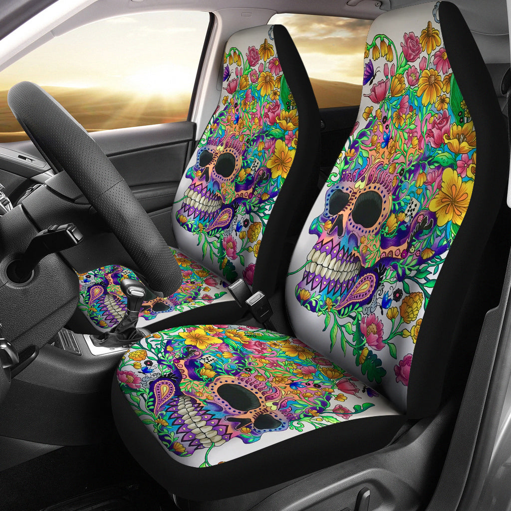 Set 2 pcs Floral sugar skull day of the dead skull car seat covers