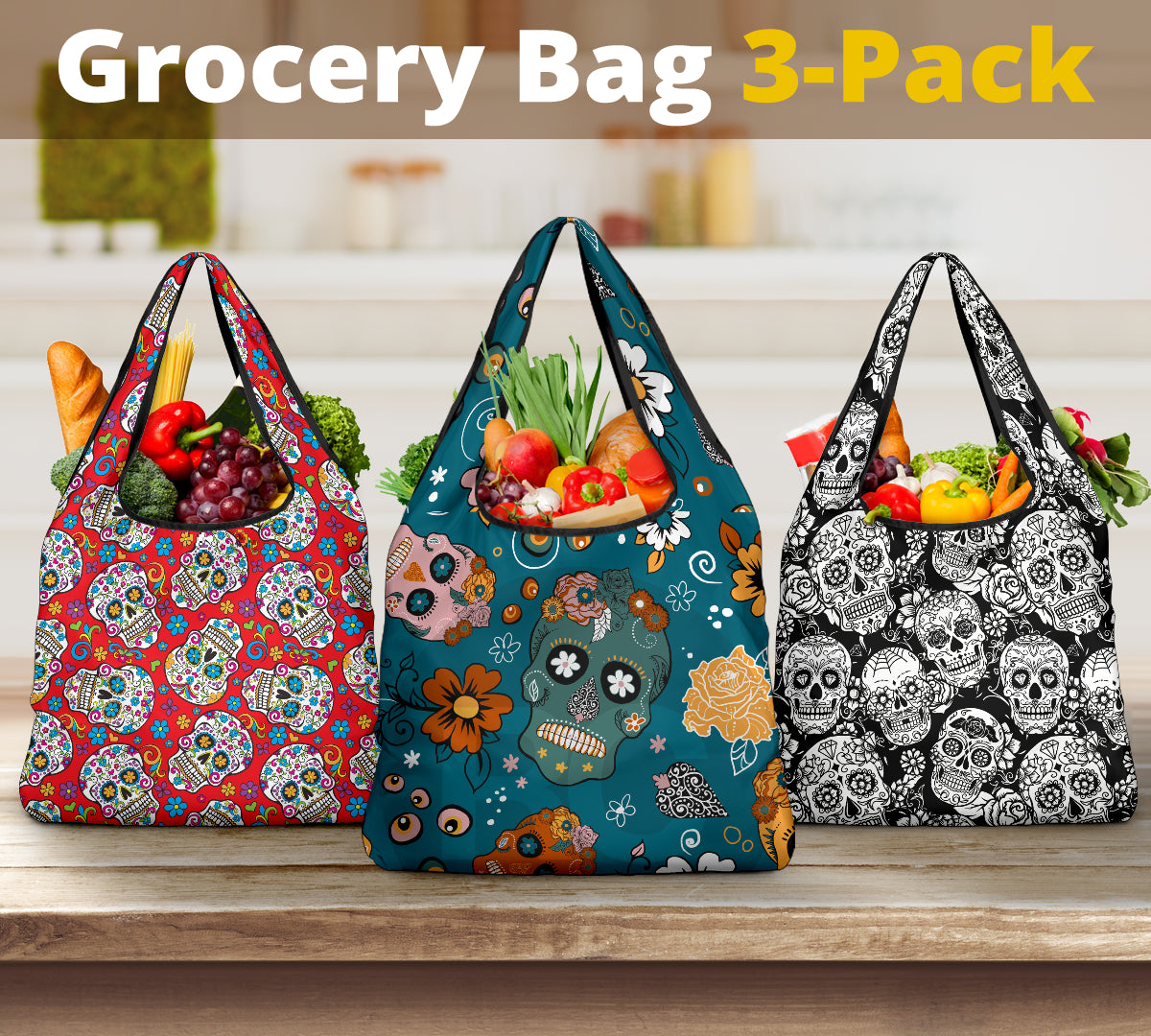 Set of 3 pcs sugar skull grocery bags