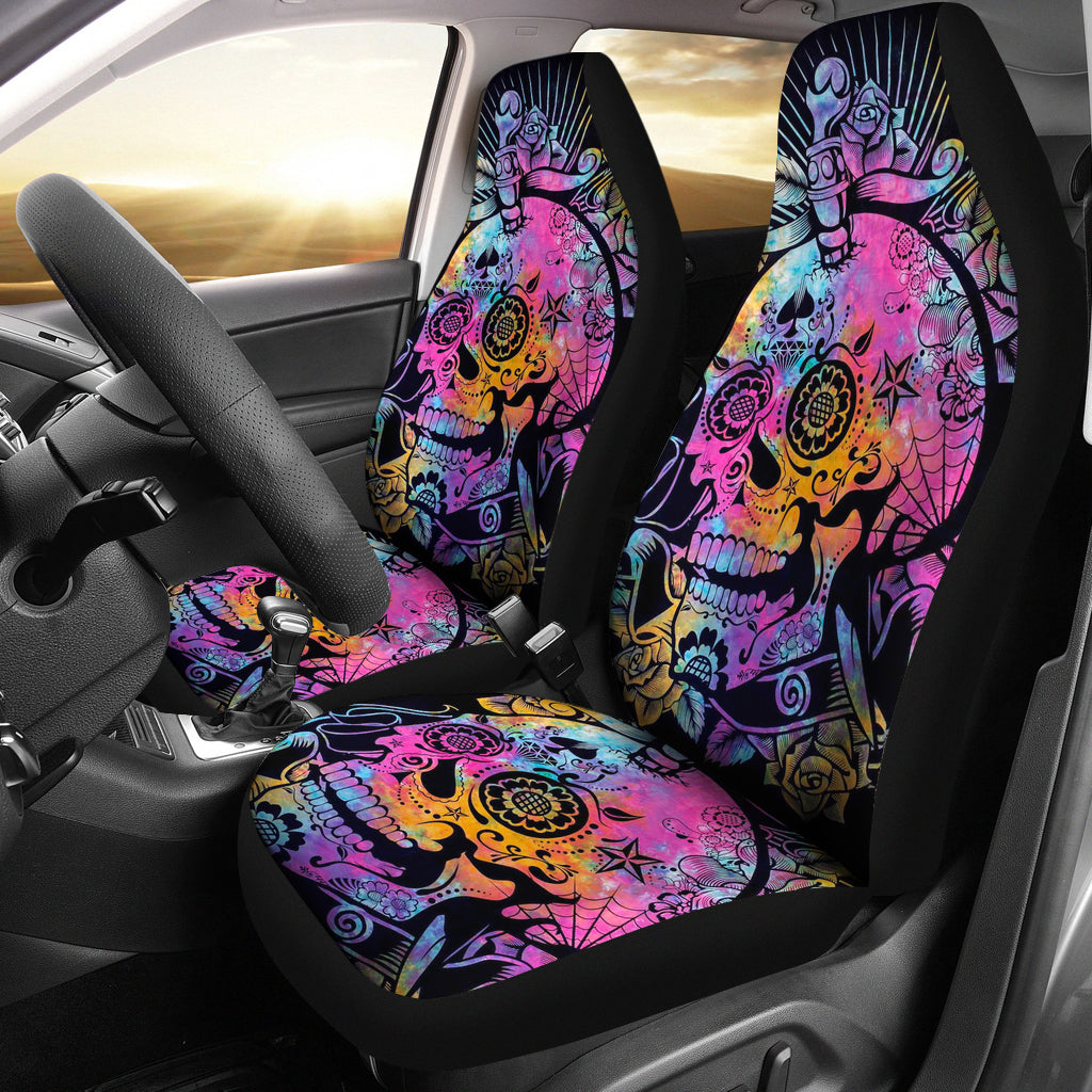 Set of 2 pcs sugar skull car seat covers