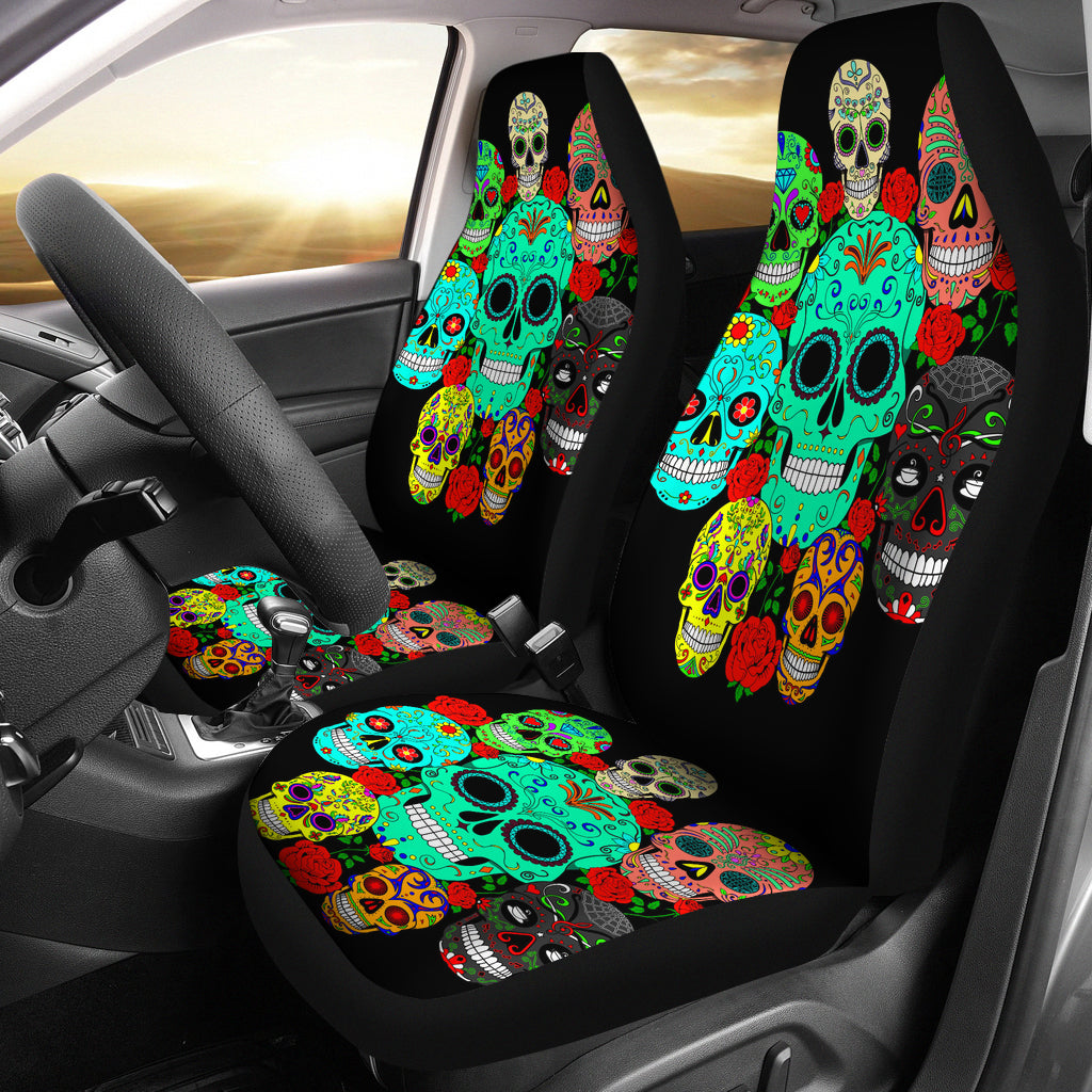 Set of 2 sugar floral skull car seat covers