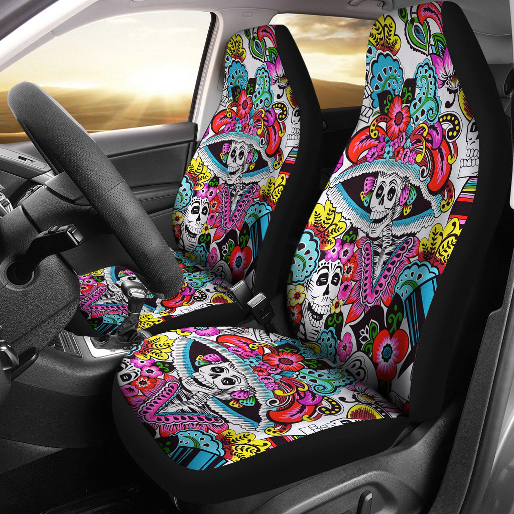 Set of 2 Day of the dead sugar skull car seat covers