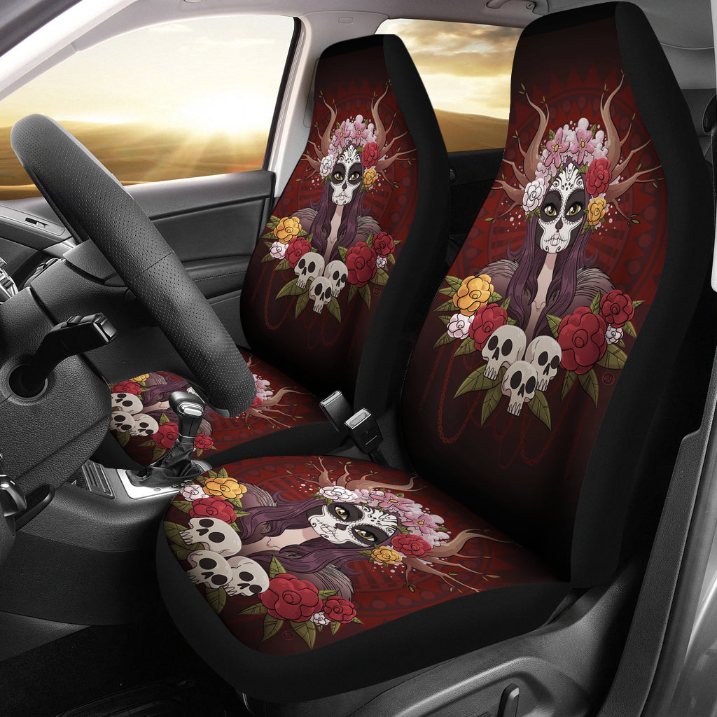 Set of 2 day of the dead sugar skull car seat covers