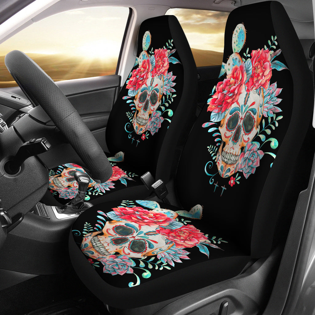 Set of 2 pcs floral skull car seat covers