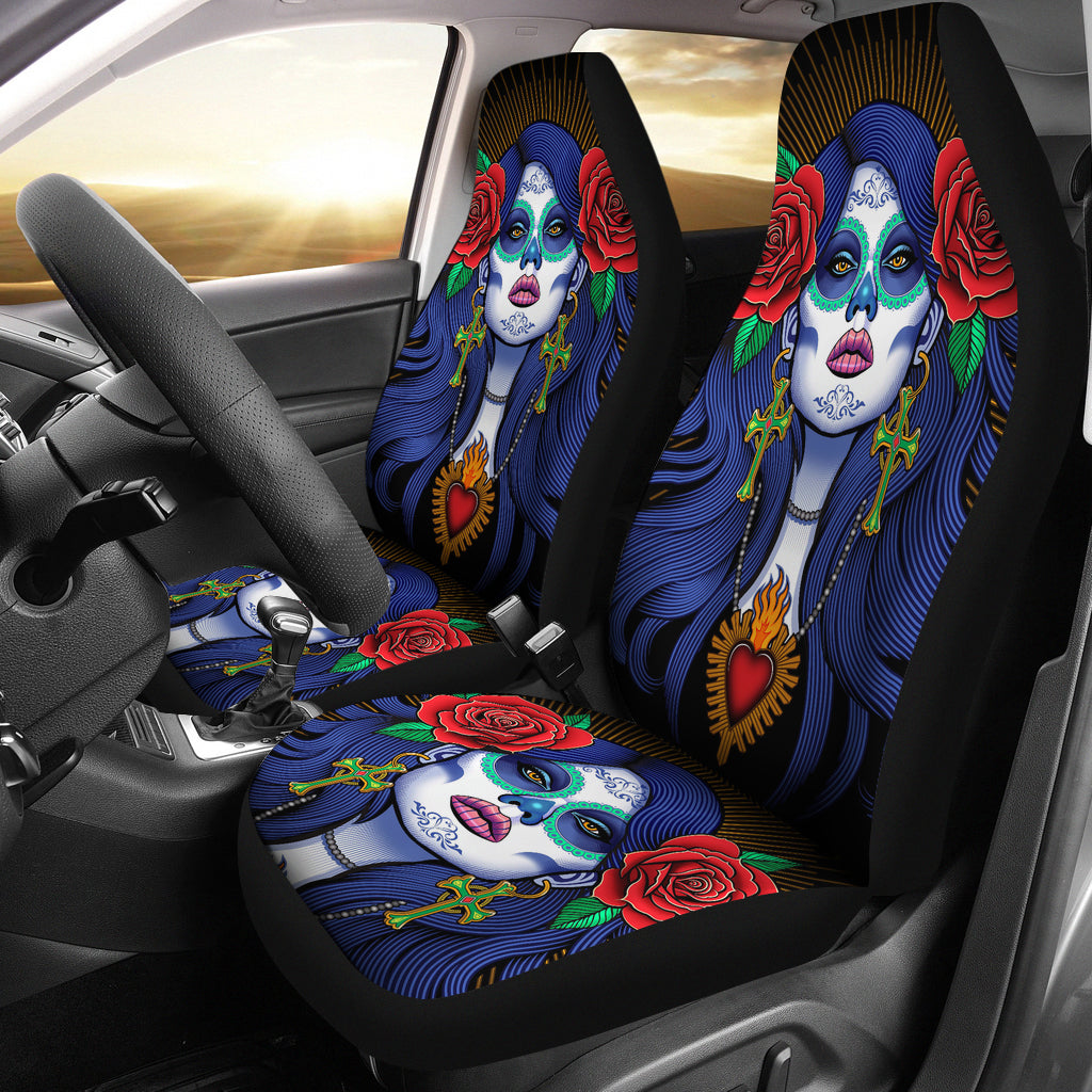 Set of 2 pcs sugar skull girl car seat covers