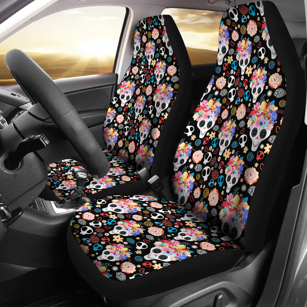 Set of 2 pcs sugar skull car seat covers