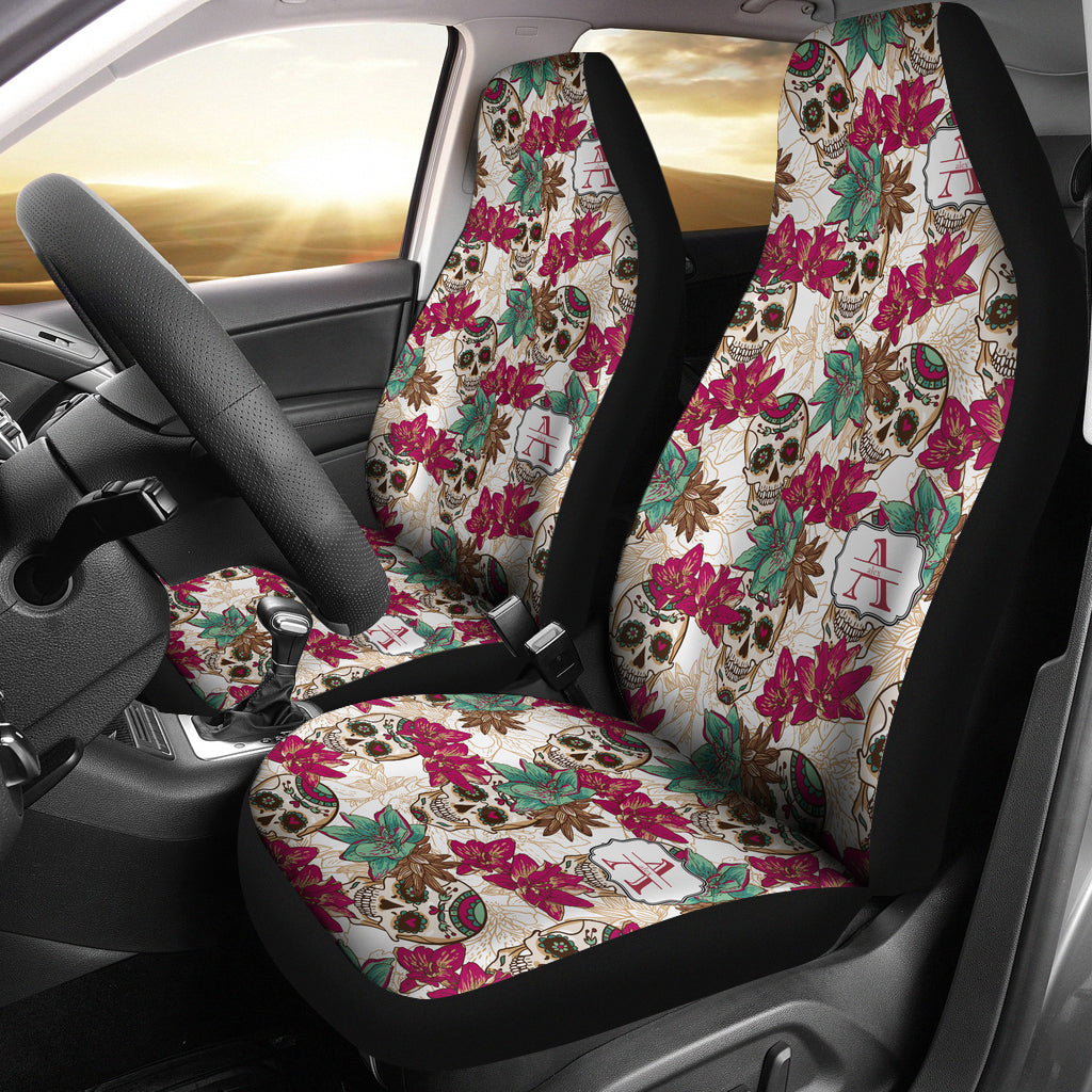 Set of 2 pcs sugar skull car seat covers