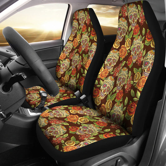 Set of 2 pcs sugar skull floral car seat covers