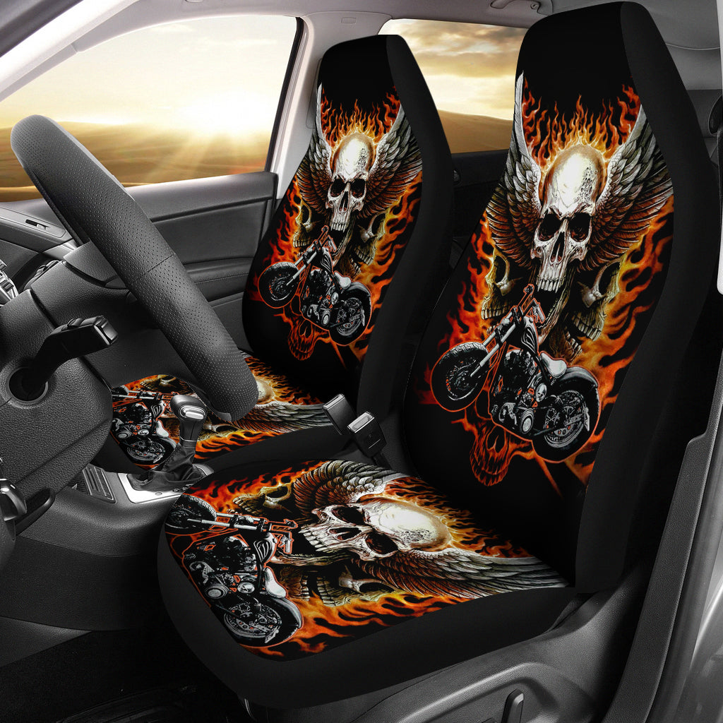 Set of 2 Fire wing skull car seat covers