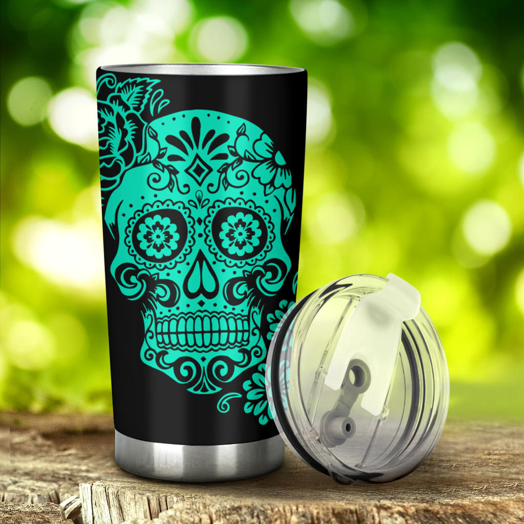 Day of the dead tumbler, floral skull travel mug, sugar skull girl freezer Mug, cinco de mayo skull cup, mexican skull beer mug