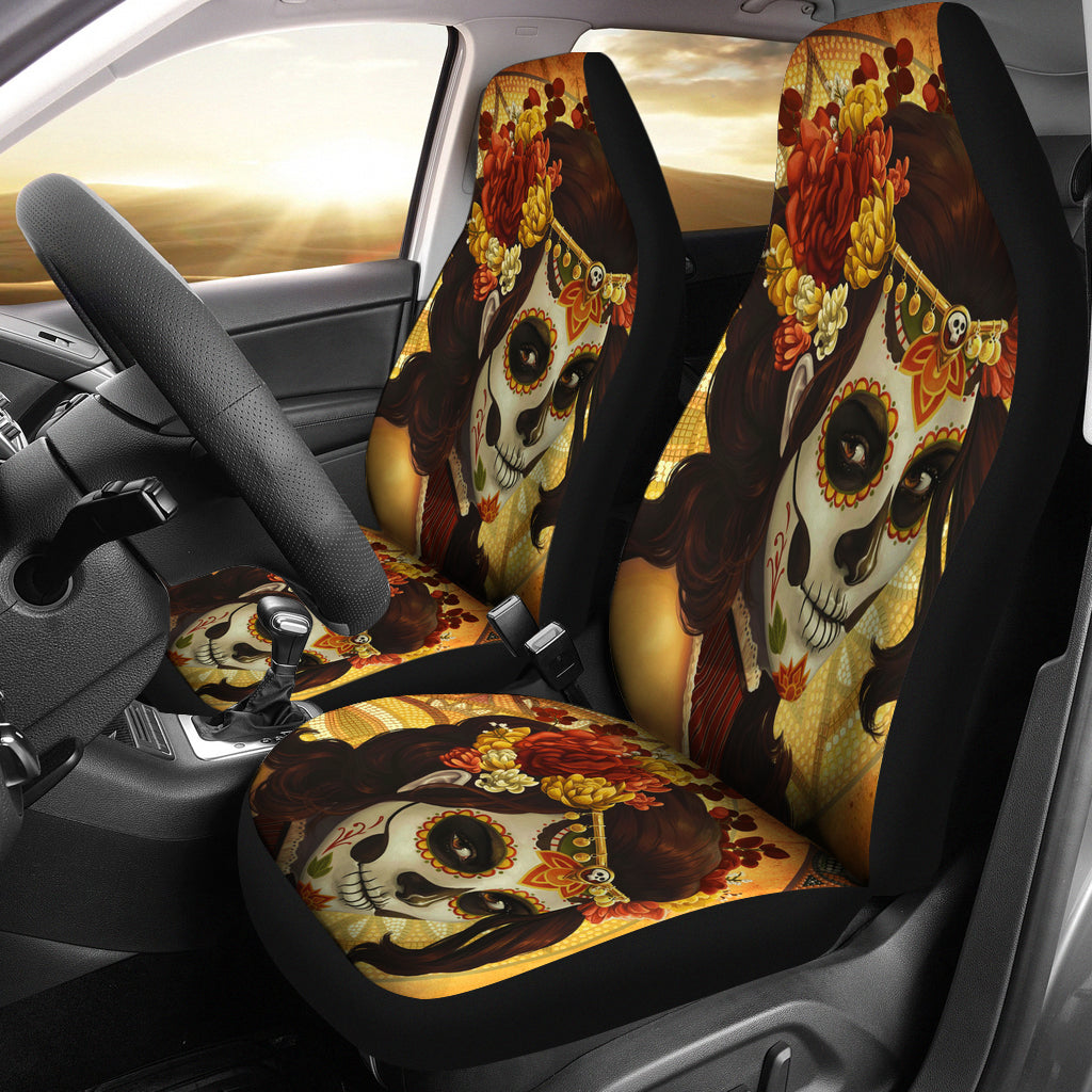 Set 2 pcs sugar skull day of the dead car seat covers