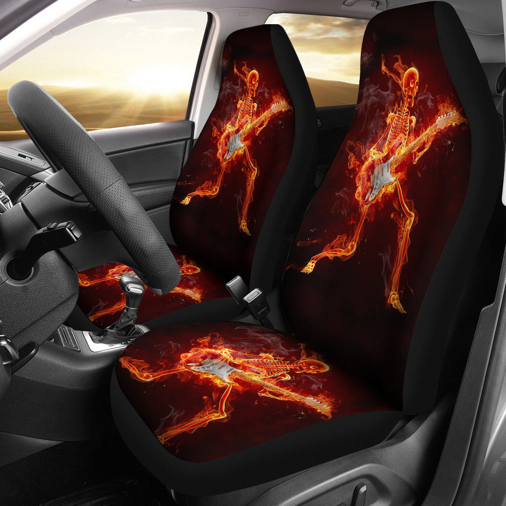 Set of 2 flaming fire skull car seat covers