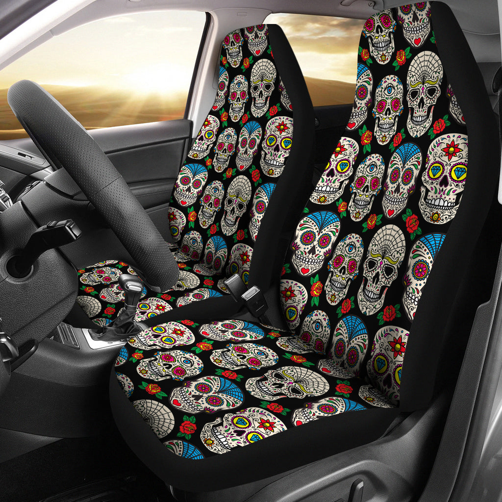 Set 2 pcs Floral sugar skull day of the dead skull car seat covers