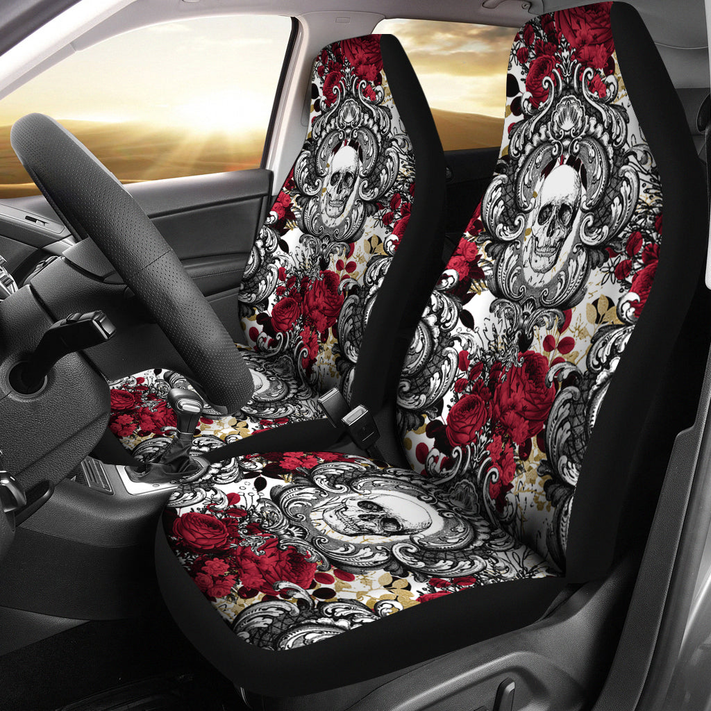 Set of 2 Gothic Skull and Red Roses Universal Bucket Seat Covers