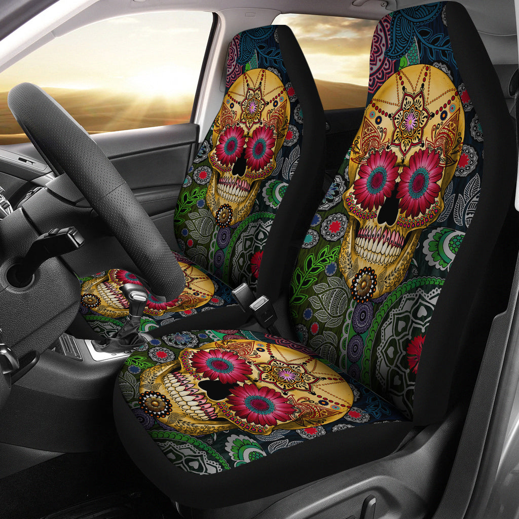 Set of 2 pcs sugar skull car seat covers