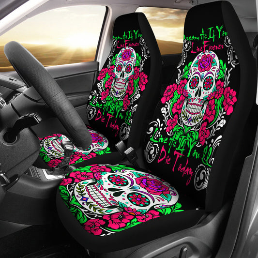 Set of 2 Pcs - sugar skull - day of the dead car seat cover