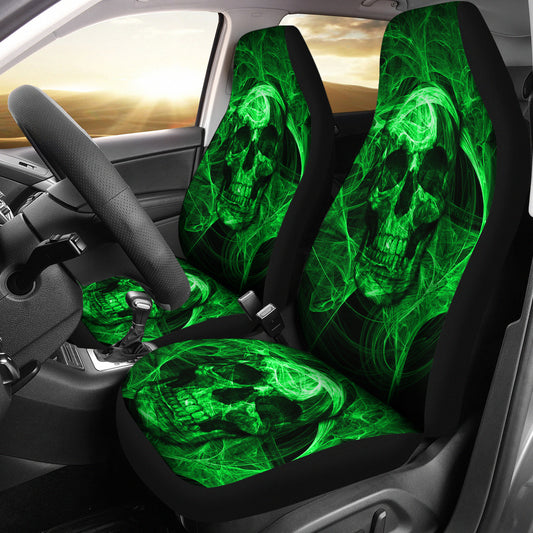 Set of 2 green flaming fire skull car seat covers