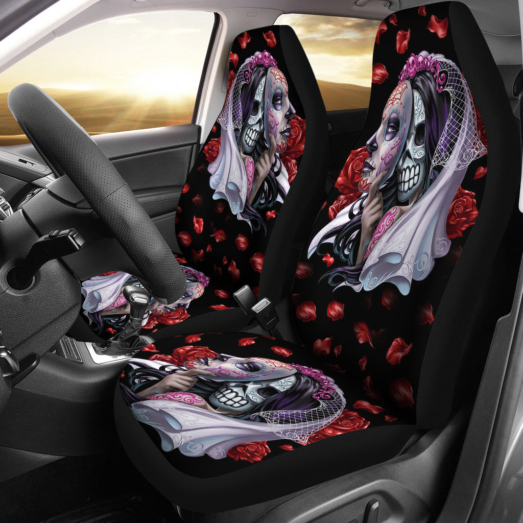 Set of 2 day of the dead sugar skull car seat covers