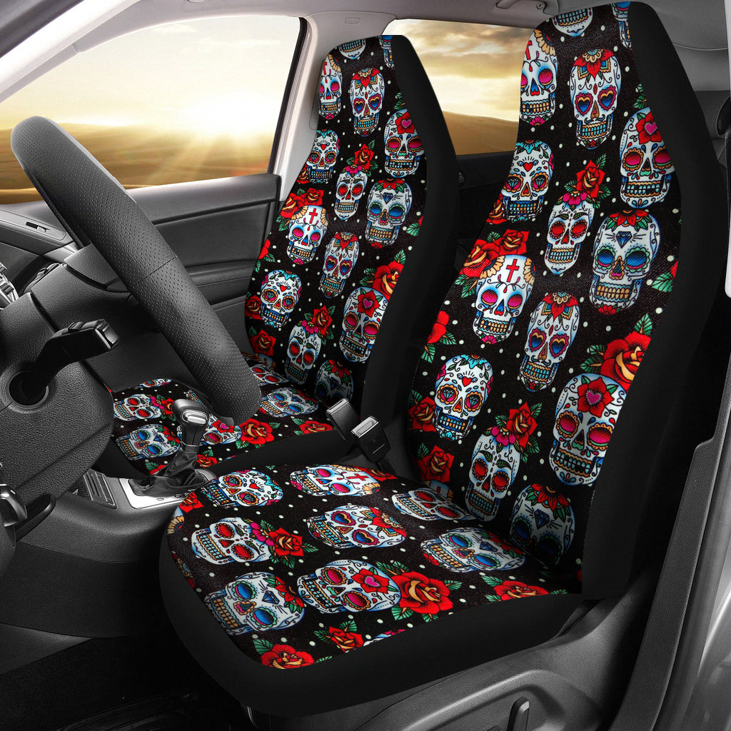 Set of 2 floral sugar skull seat covers