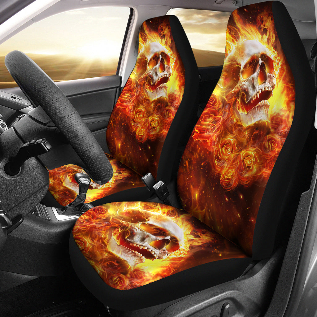 Set 2 pcs flaming skull fire skull seat cover sugar skulls