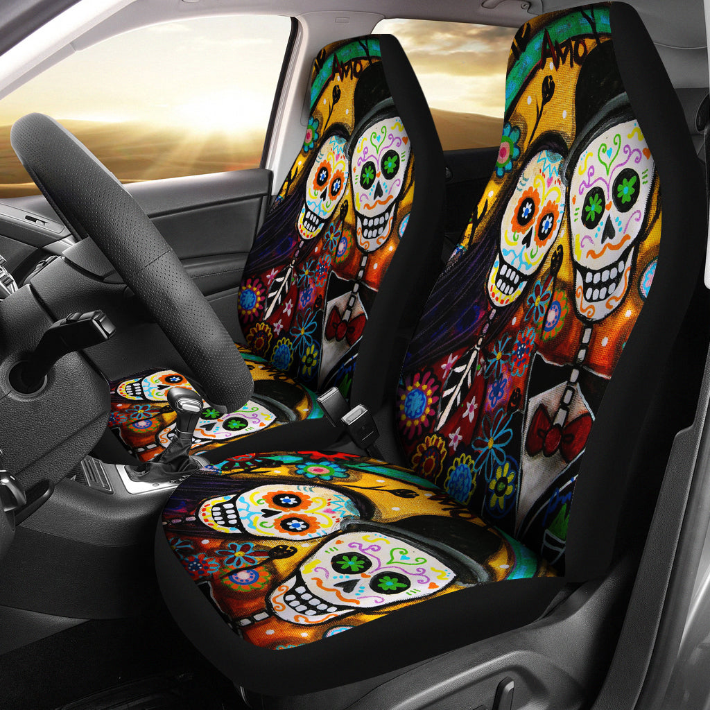 Set of 2 pcs Day of the dead sugar skull car seat cover