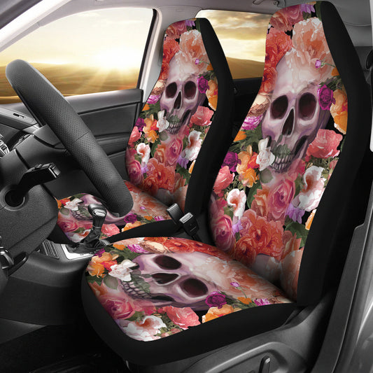 Set of 2 skull skeleton floral skull car seat covers