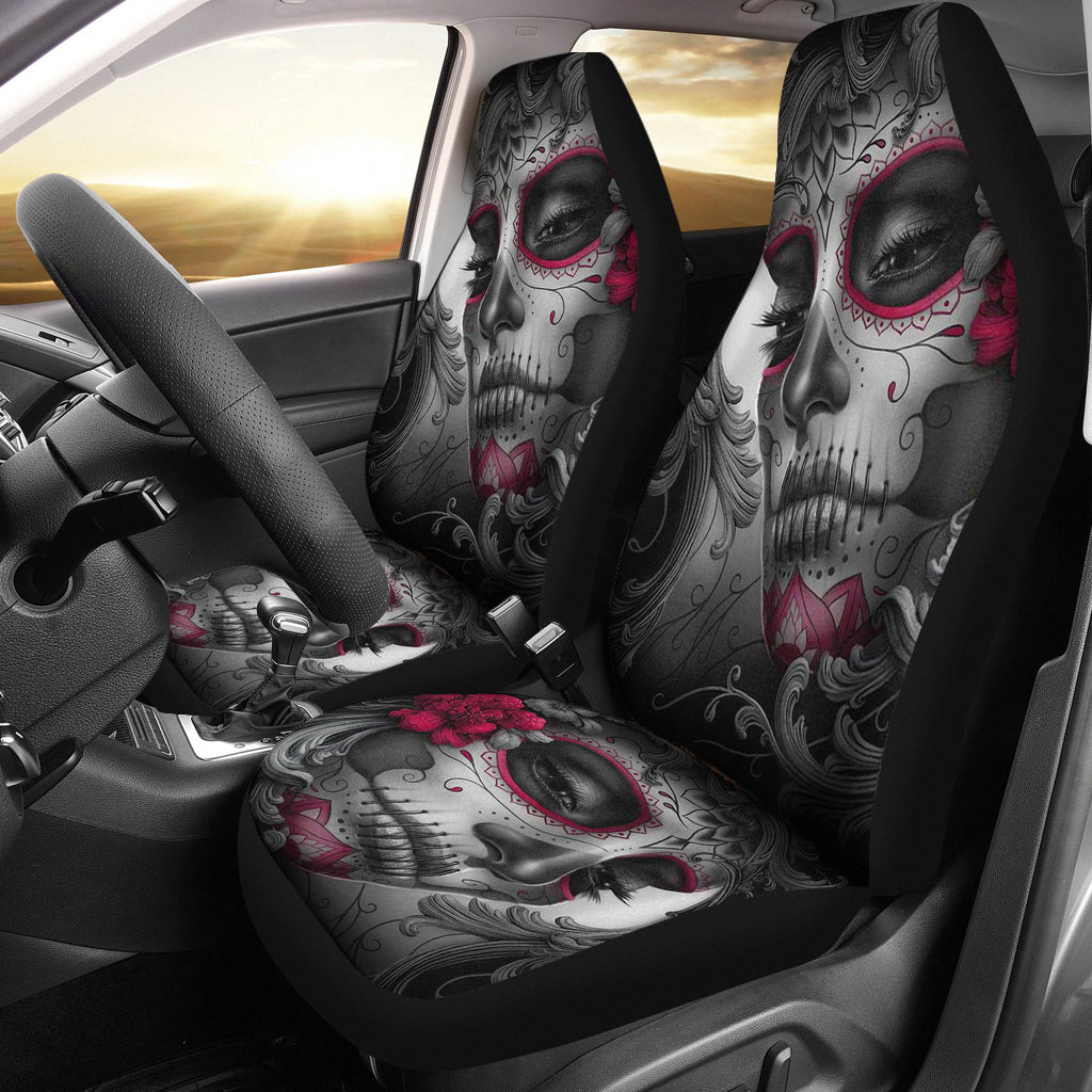 Set of 2 pcs skull beautiful sugar skull girl car seat covers