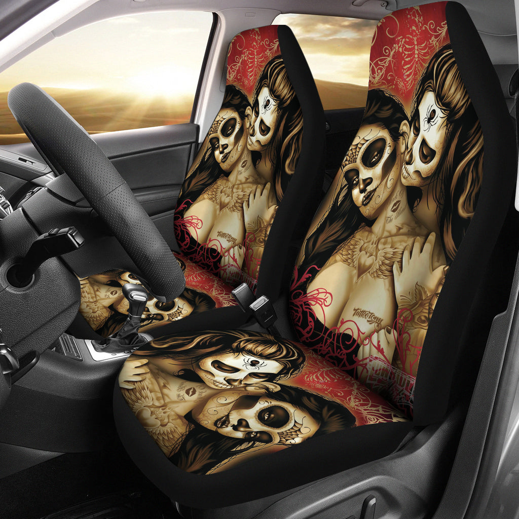 Set of 2 sugar skull day of the dead car seat covers