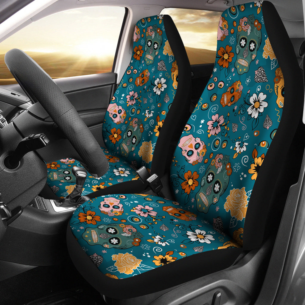 Set of 2 pcs sugar skull day of the dead car seat covers